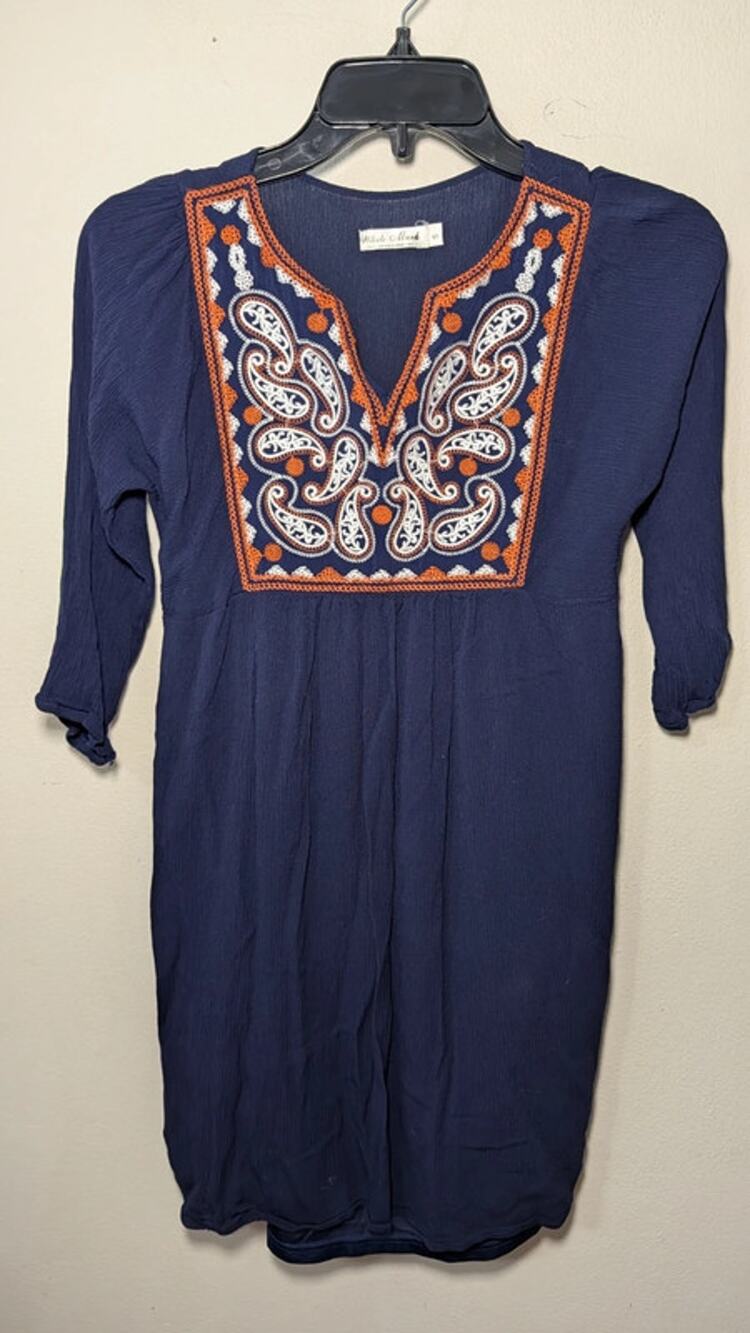 Boho Embroidered Mini Dress Navy Orange White Crepe Material White Mark Size S